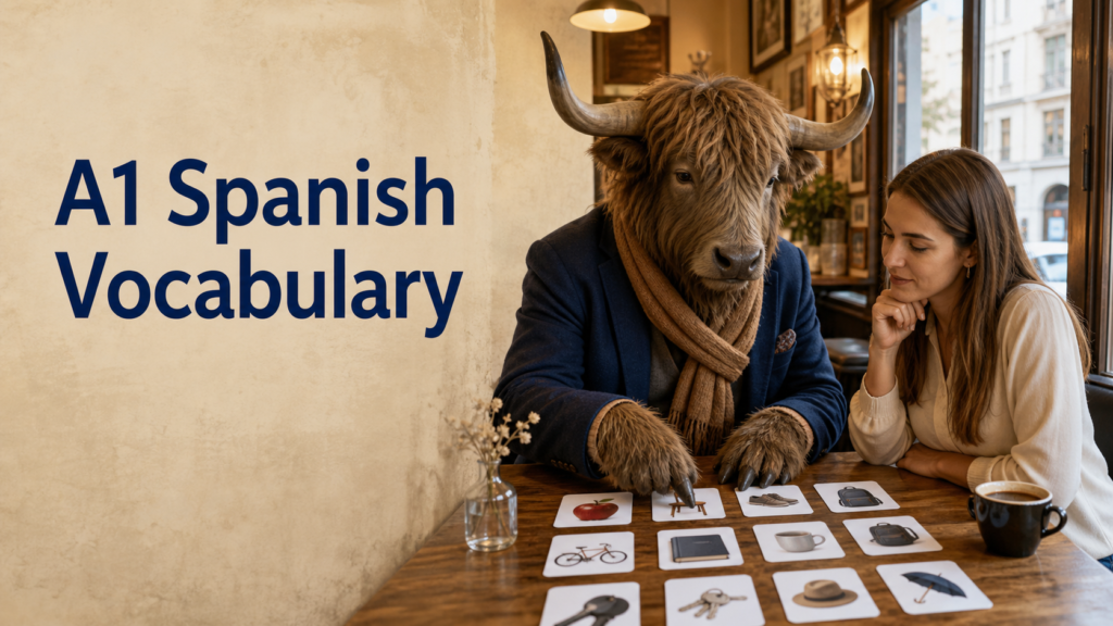 Adult Yak Yacker practising A1 Spanish vocabulary in a Madrid café.