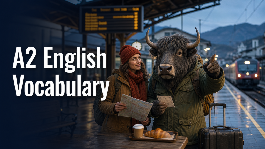 Adult Yak Yacker practicing A2 English vocabulary for travel at a European railway station.