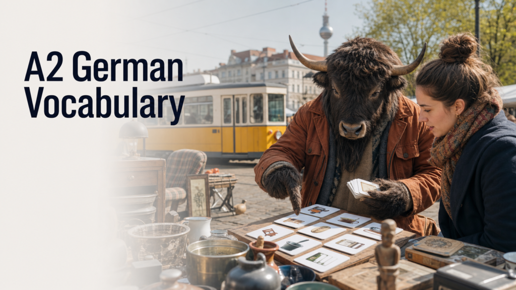 Adult Yak Yacker practising A2 German vocabulary at a Berlin flea market.