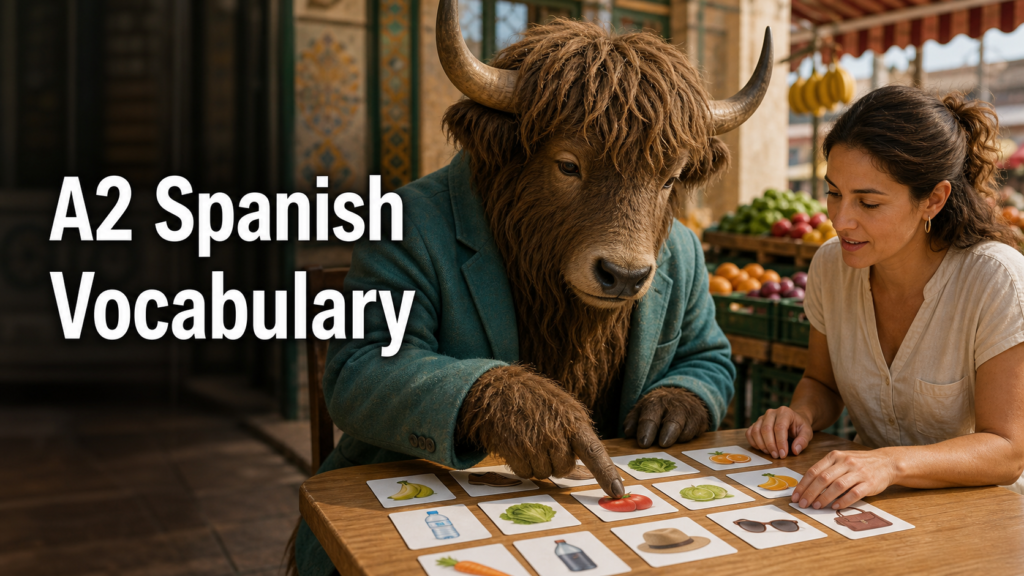 Adult Yak Yacker teaching A2 Spanish vocabulary at a Valencia market.