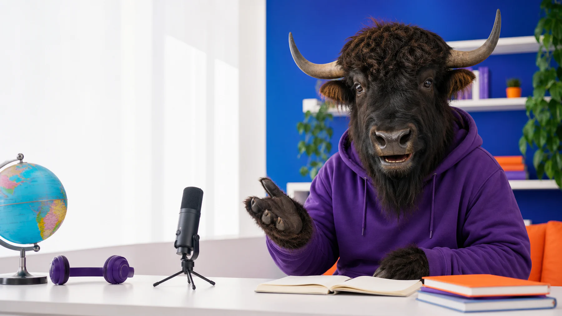A photorealistic yak teacher in a purple hoodie welcoming learners from a bright blue language studio.