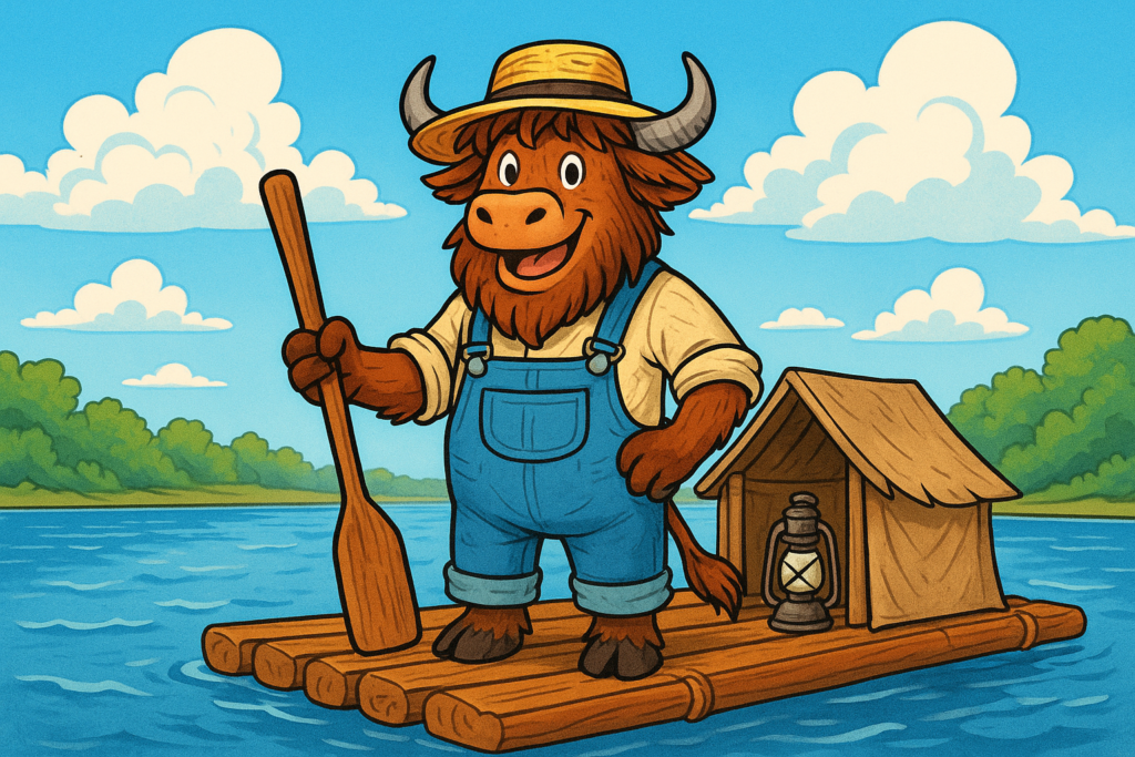 A personified yak dressed as Huckleberry Finn, standing on a raft on the Mississippi River, holding a paddle. The yak has shaggy fur, curved horns, and wears a straw hat, shirt, and overalls. Bright, sunny sky.