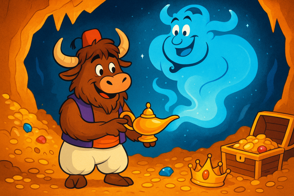 A cartoon yak dressed as Aladdin, holding a magic lamp as a blue genie emerges in a treasure-filled cave.
