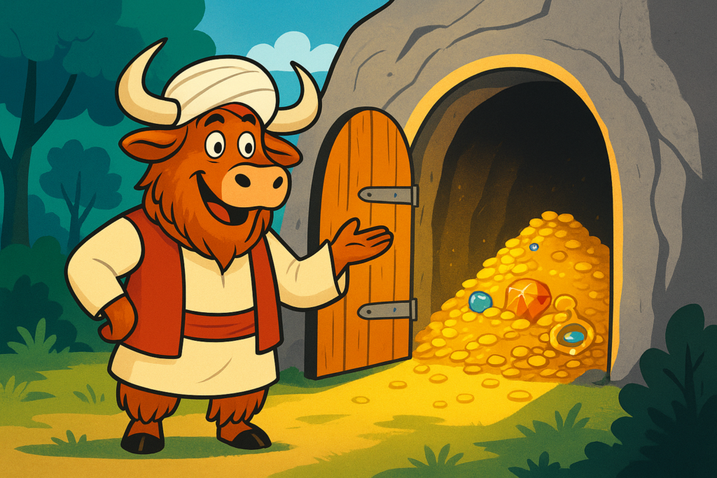 A personified yak mascot dressed as Ali Baba in a tunic and turban stands before an open rock door, revealing a cave filled with gold and treasure, expressing amazement.