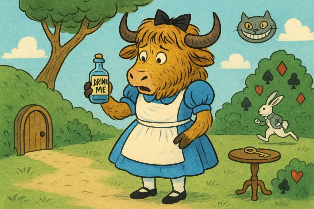 A personified yak dressed as Alice, wearing a blue dress and white apron, holding a 'Drink Me' bottle as she shrinks in a colorful Wonderland scene with a tiny door and a grinning cat.