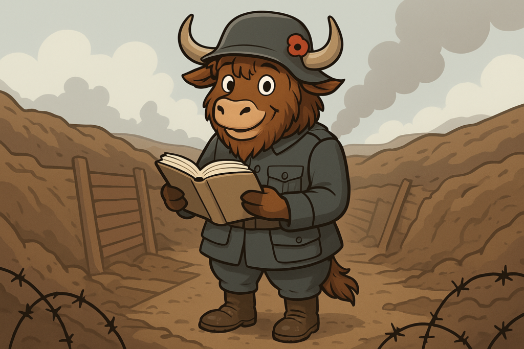 A personified yak mascot dressed as a WWI German soldier stands in a trench holding an open book. He has shaggy fur, curved horns, and a warm, gentle smile. Barbed wire and a smoky battlefield are visible behind him.