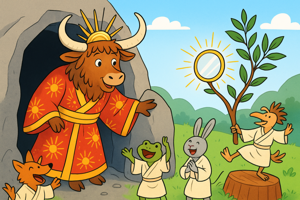 A personified yak dressed as the Japanese sun goddess Amaterasu peeks out from a dark cave, pushing aside a large stone. Outside, a mirror gleams on a tree branch, and a group of cheerful gods, including a dancing figure on a tub, look on.