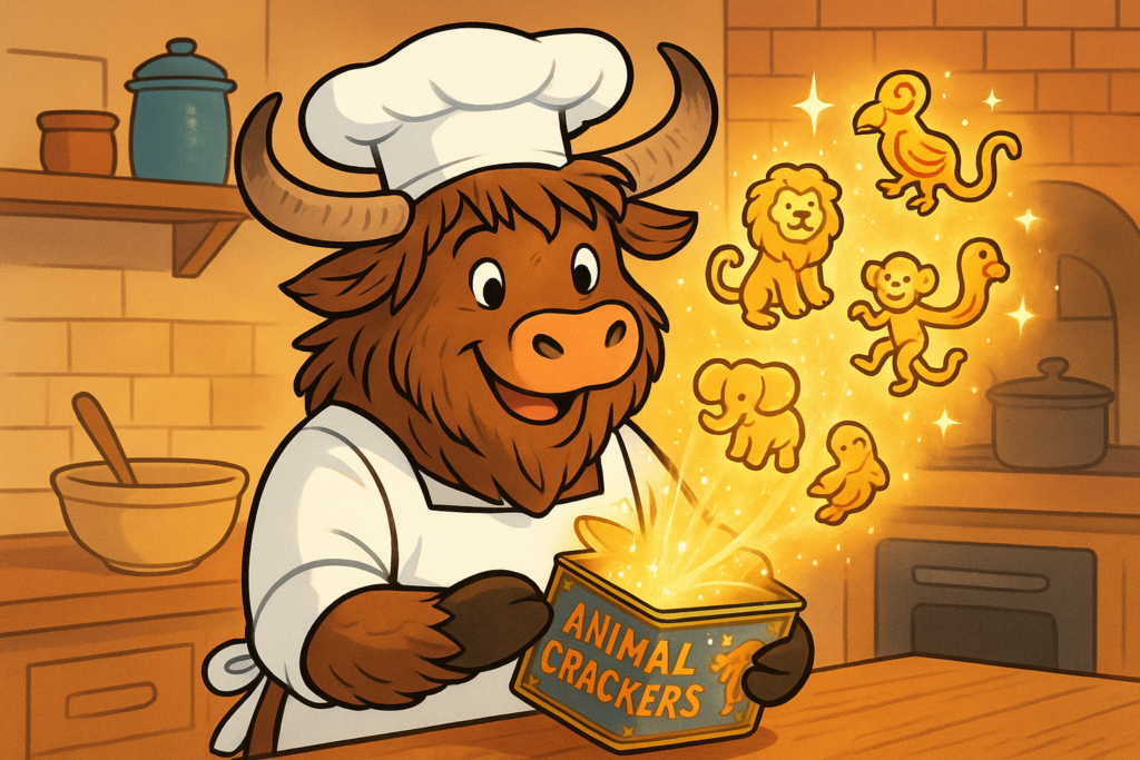 A personified yak wearing a baker's apron and hat holds an open tin of animal crackers in a kitchen. Small glowing magical animals, including a lion, an elephant, a monkey, and a parrot, emerge from the tin.