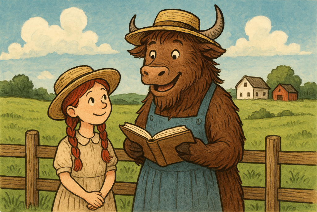 A personified yak in a straw hat and blue apron stands beside a smiling red-haired girl in a straw hat near a fence, with a white farmhouse and red barn in the background.