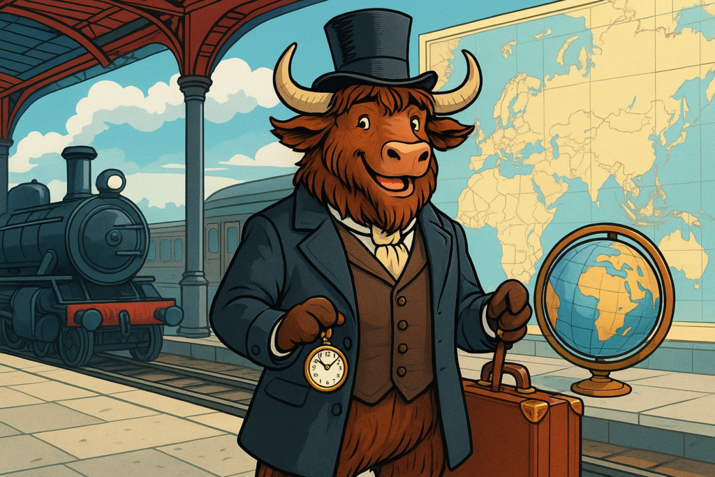 A yak mascot dressed as a Victorian gentleman traveler holds a pocket watch and suitcase, standing in a train station with a steam engine and globe behind him.