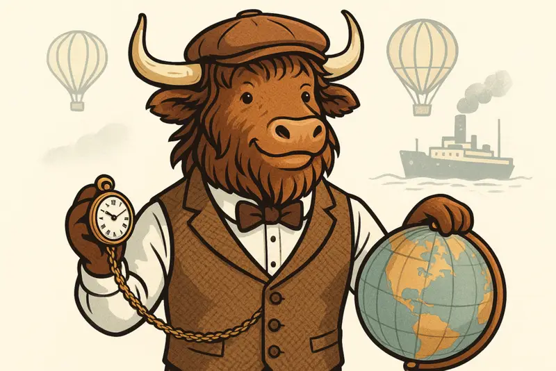 A personified yak dressed as a Victorian traveler, wearing a tweed vest, bow tie, and flat cap, holding a pocket watch and resting a hoof on a globe, with a hot air balloon and steamship in the background.