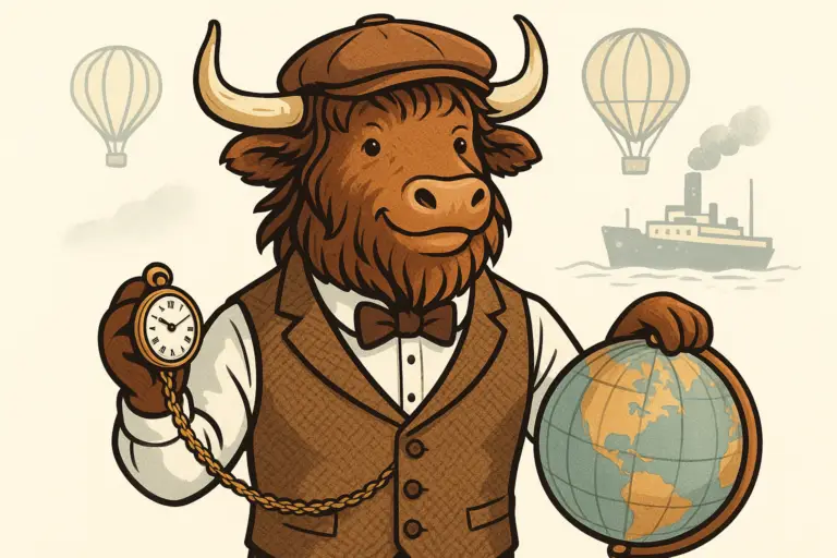 A personified yak dressed as a Victorian traveler, wearing a tweed vest, bow tie, and flat cap, holding a pocket watch and resting a hoof on a globe, with a hot air balloon and steamship in the background.