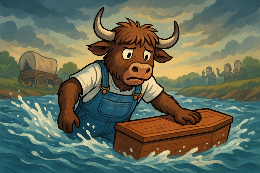 A personified yak in overalls struggles to hold onto a wooden coffin in a rushing river, while a wagon tips over in the background.