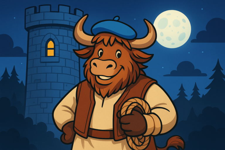 A friendly cartoon yak wearing a blue beret and medieval-style tunic holds a rope in front of a moonlit tower and forest, representing the French folk tale of Aucassin and Nicolette.