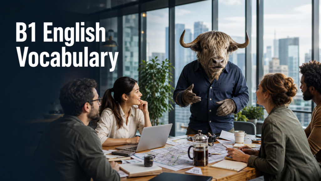 Adult Yak Yacker leading a professional B1 English vocabulary workshop in a city co-working space.