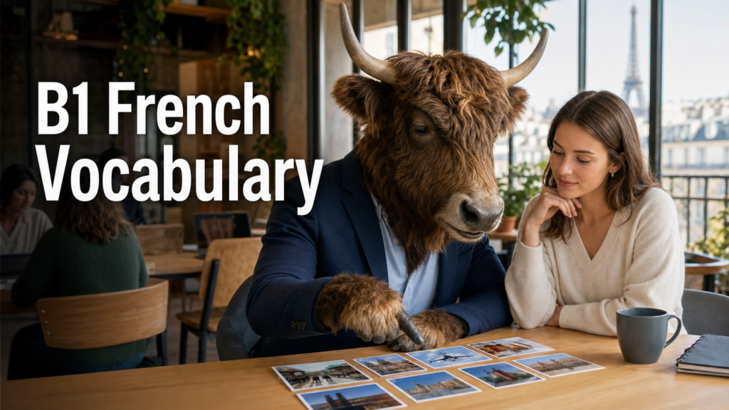 Adult Yak Yacker teaching B1 French vocabulary in a Paris workspace.