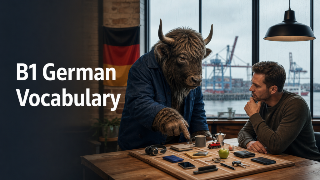 Adult Yak Yacker teaching B1 German vocabulary in a Hamburg workshop.