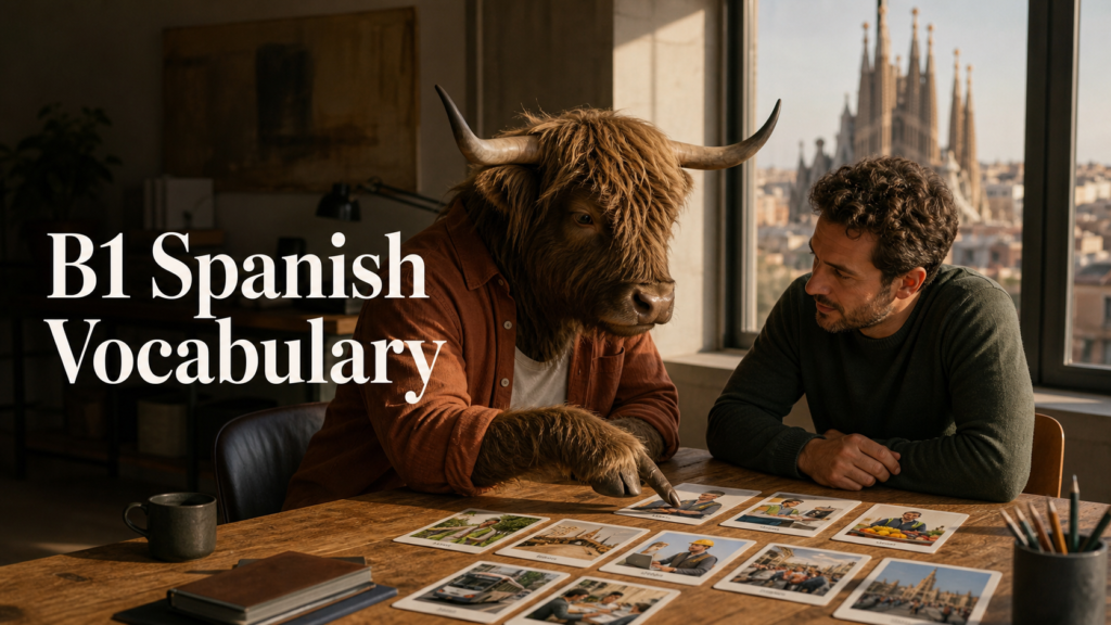 Adult Yak Yacker teaching B1 Spanish vocabulary in a Barcelona studio.