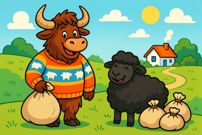 A personified yak in a colorful sheep-pattern sweater stands with a smiling black sheep in a sunny green field. The yak holds a bulging wool bag, while three more wool bags sit on the grass. A cottage and winding lane are visible in the background.