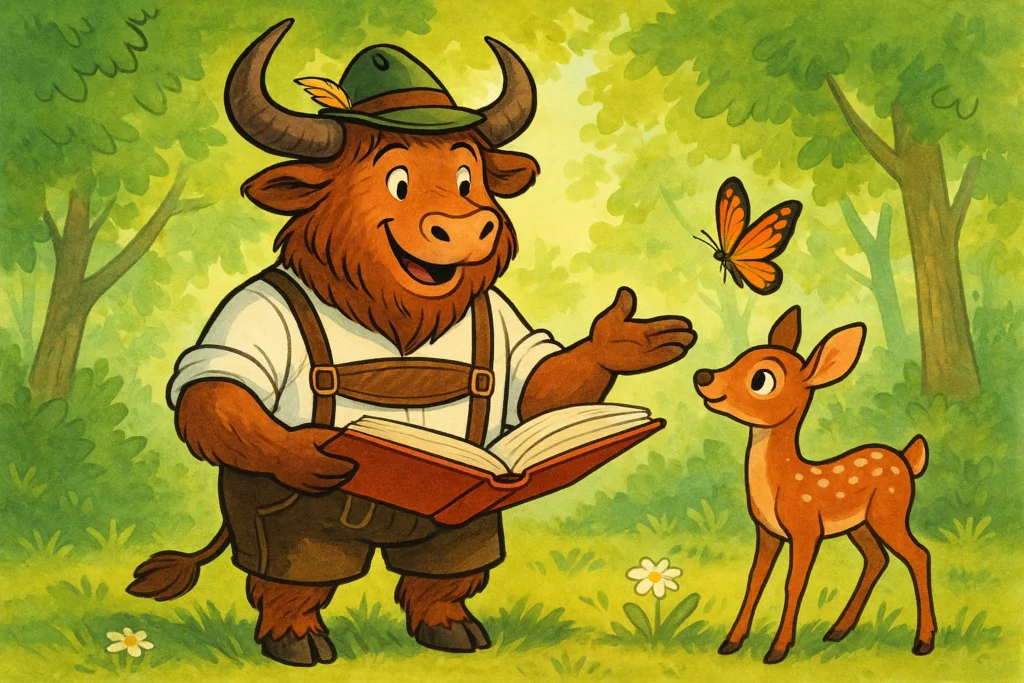 A yak mascot wearing lederhosen and a Bavarian hat reads a storybook to a young deer in a bright forest clearing, with a butterfly nearby.