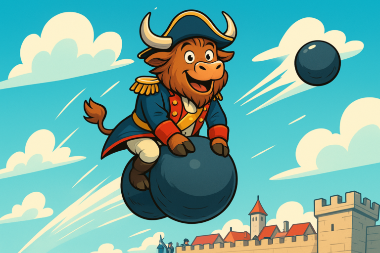 A shaggy yak mascot dressed as Baron Munchausen rides a cannonball high above a city wall, with another cannonball passing by. The cartoon illustration is bright and editorial in style.