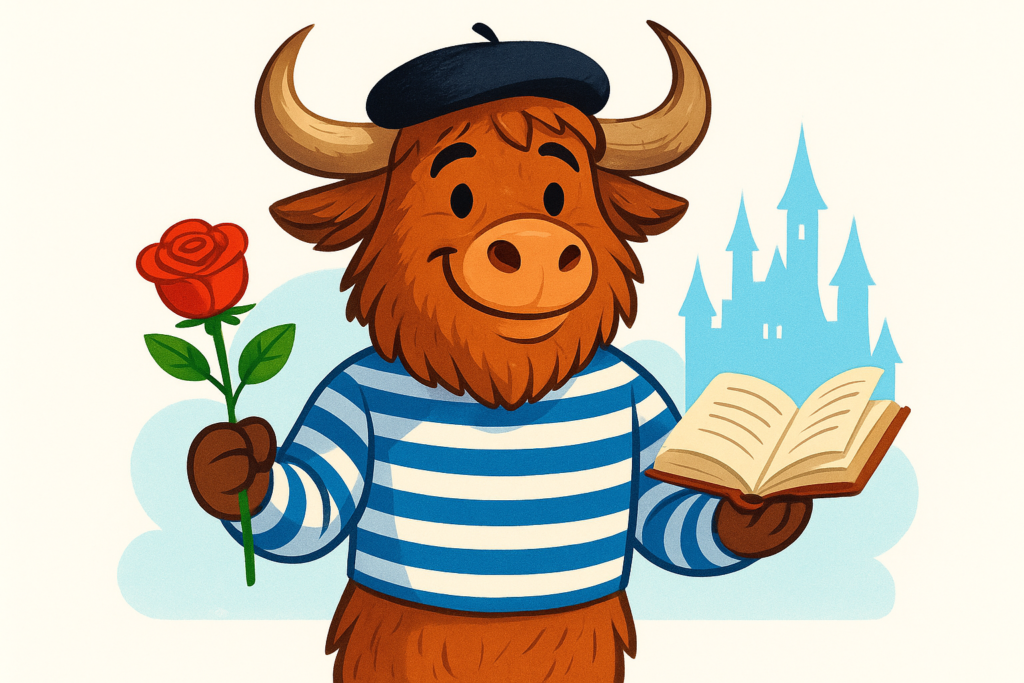 A personified yak with shaggy fur and curved horns, wearing a beret and striped shirt, holding a red rose and an open book, against a bright cartoon background with a castle.