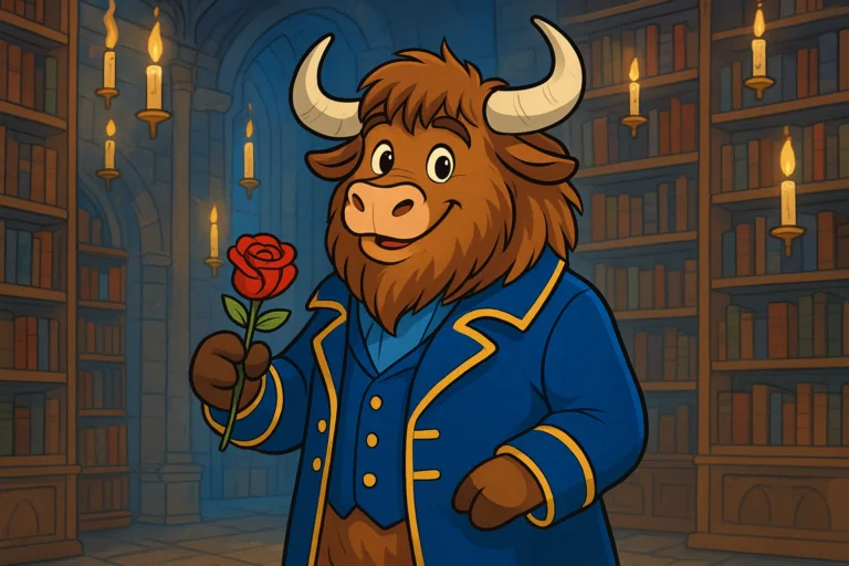 A personified yak with shaggy fur and curved horns, wearing a blue princely coat, stands in a candlelit library holding a red rose. Bookshelves and floating candles surround it.