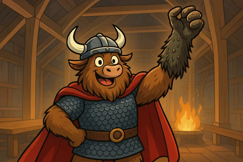 A yak mascot in Viking warrior attire proudly displays a torn monster arm inside a wooden hall.