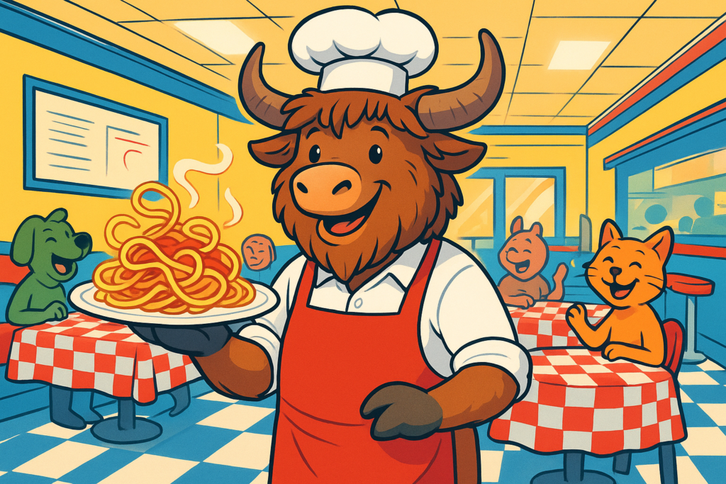 A smiling yak chef in a red and white apron holds a plate of twirling spaghetti in a lively retro diner, with happy animal customers in the background.