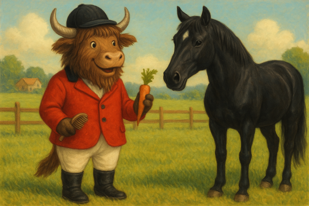 A personified yak mascot dressed in a red riding jacket and boots stands beside a black horse with a white star in a green meadow, smiling and holding a carrot.
