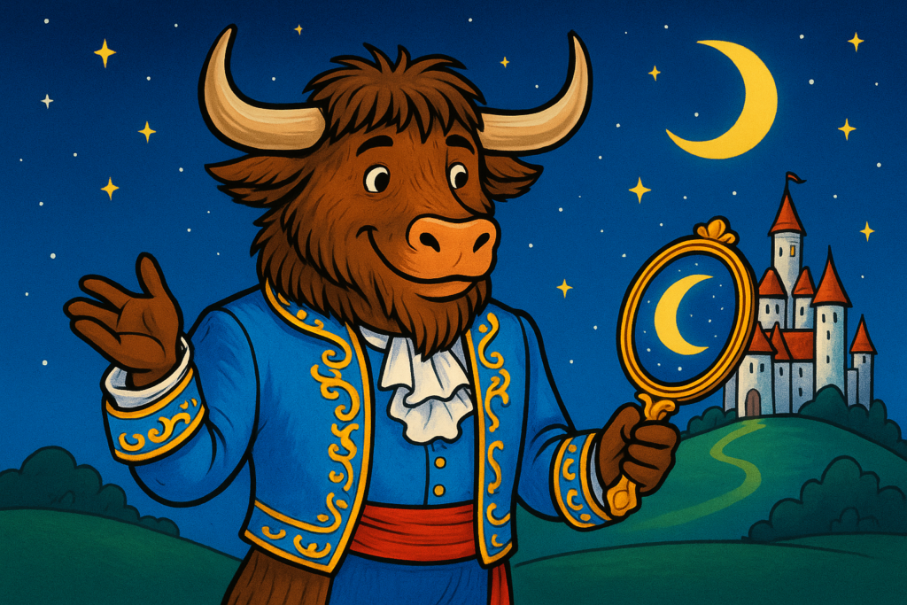 A personified yak dressed as a Spanish prince holds a magical mirror reflecting a crescent moon, with a castle in the background, in a colorful editorial illustration.