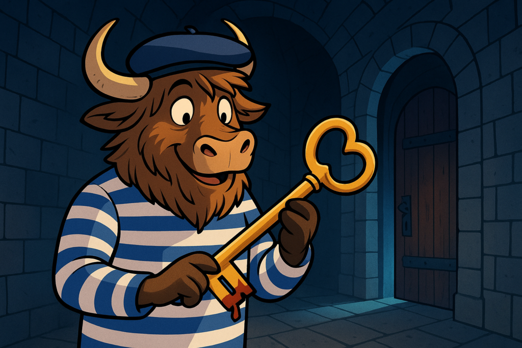 A personified yak wearing a French beret and striped shirt stands in a dim castle corridor, holding a large golden key and peering curiously at a slightly open door that glows blue.