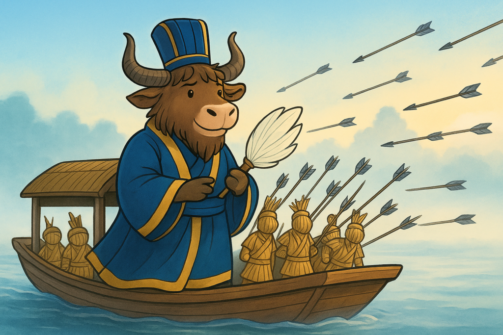 A personified yak dressed as Zhuge Liang stands on a boat filled with straw soldiers stuck with arrows, as arrows fly through thick fog on a river at dawn.