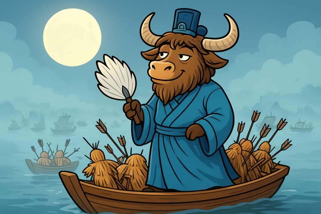 A yak in ancient Chinese strategist robes stands on a straw-laden boat filled with arrow-studded figures, drifting on a misty moonlit river.