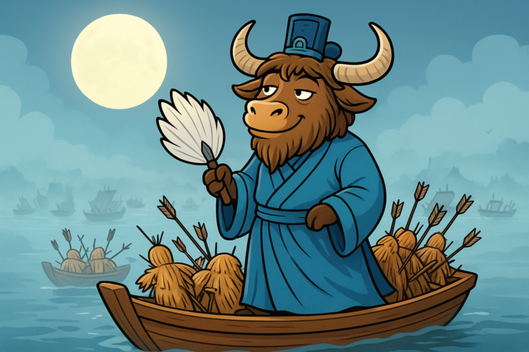 A yak in ancient Chinese strategist robes stands on a straw-laden boat filled with arrow-studded figures, drifting on a misty moonlit river.