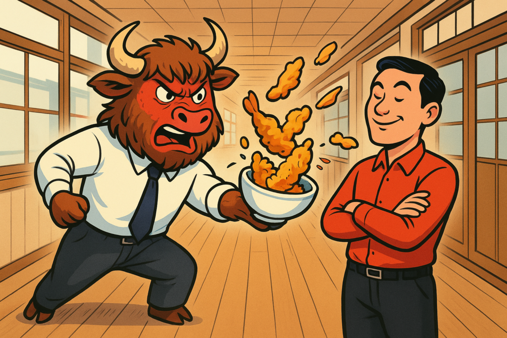 A personified yak dressed as a Meiji-era teacher angrily throws a bowl of tempura at a smug teacher in a red shirt in a school corridor.
