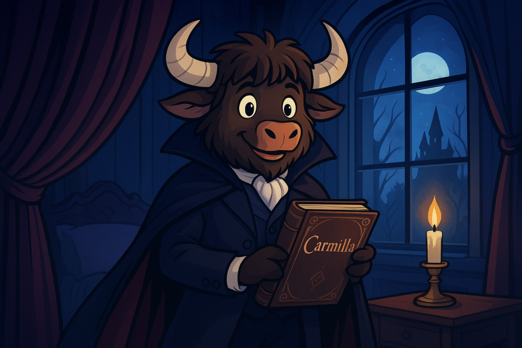A cartoon personified yak with shaggy fur and curved horns, dressed in a Victorian suit and cape, stands in a moonlit Gothic bedroom holding an old book, with a candle and a window showing a castle silhouette.