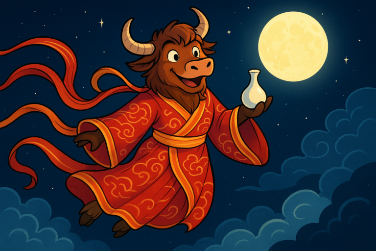 A yak mascot dressed as Chang'e in a flowing crimson and gold traditional Chinese robe floats gracefully toward a glowing full moon. The yak has shaggy brown fur, curved horns, a warm funny face, and holds an empty elixir bottle with its hooves against a starry night sky.