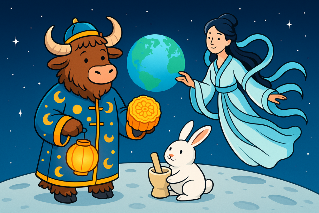 A personified yak in a traditional Chinese robe stands on the moon holding a mooncake and a lantern, alongside the moon goddess Chang'e and the Jade Rabbit, with Earth in the background.