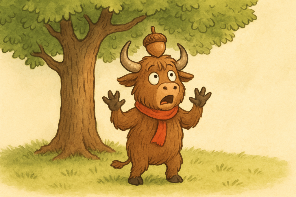 A yak mascot with shaggy fur and curved horns stands under an oak tree with an acorn on its head, looking up in alarm.