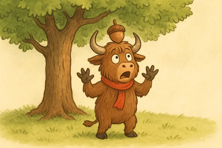 A yak mascot with shaggy fur and curved horns stands under an oak tree with an acorn on its head, looking up in alarm.