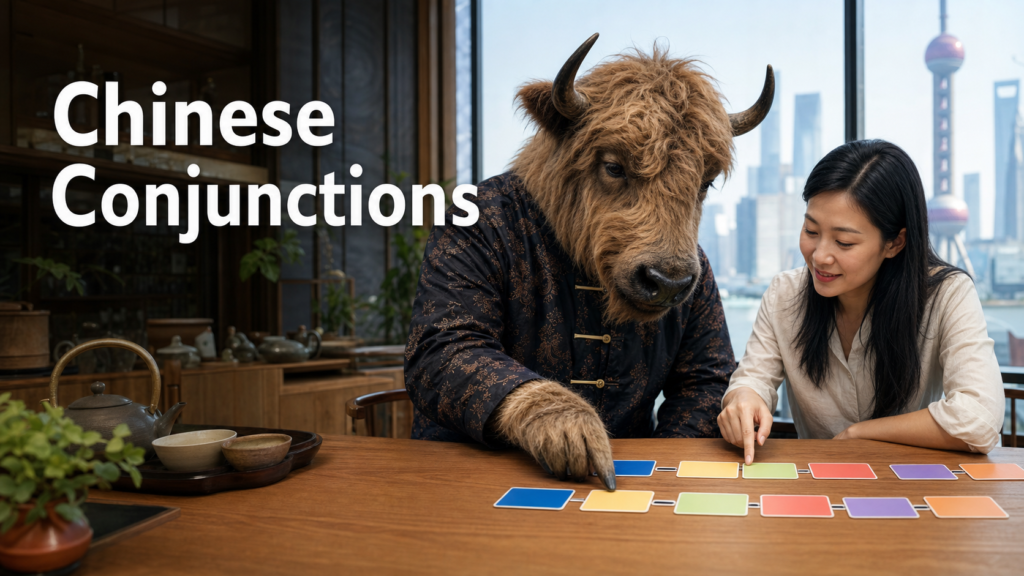 Adult Yak Yacker teaching Chinese conjunctions in a Shanghai tea studio.