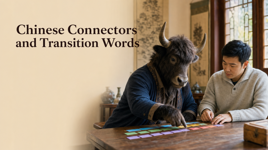 Adult Yak Yacker teaching Chinese Connectors and Transition Words in small museum study room.