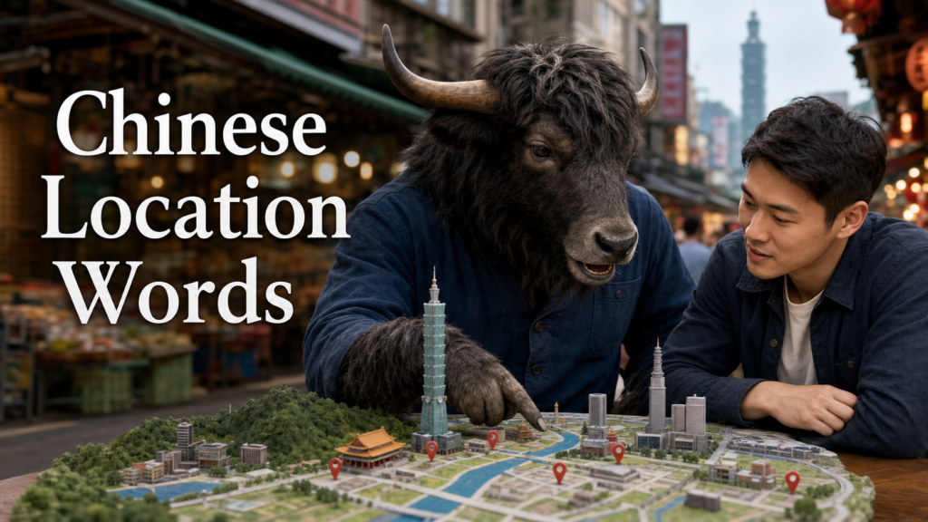 Adult Yak Yacker teaching Chinese location words with a Taipei model city.
