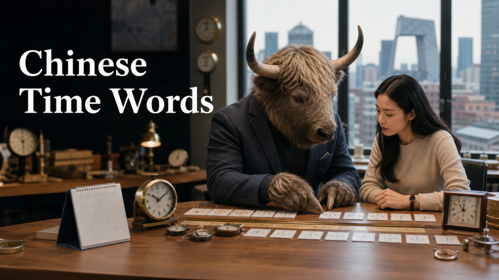 Adult Yak Yacker teaching Chinese time words in a Beijing clockmaker studio.