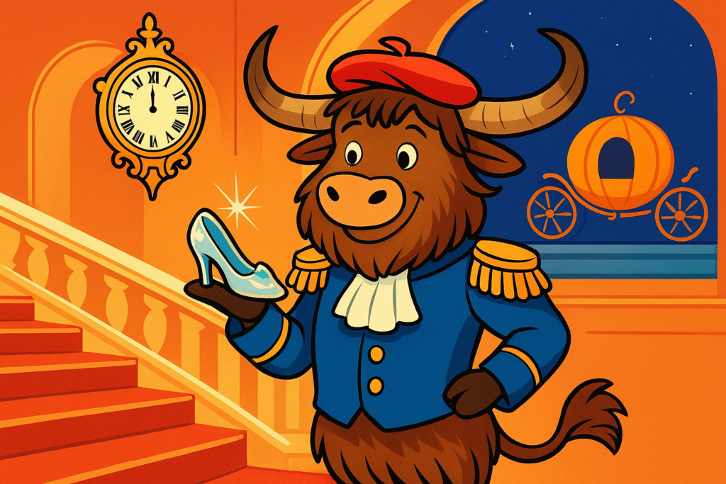 A yak dressed as a French prince in a blue jacket and red beret stands on a palace staircase, holding a glass slipper, with a clock striking midnight and a pumpkin carriage in the background.