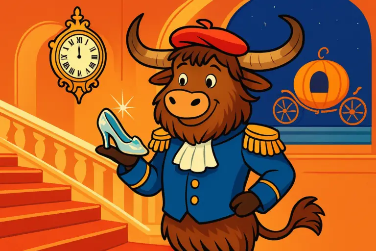 A yak dressed as a French prince in a blue jacket and red beret stands on a palace staircase, holding a glass slipper, with a clock striking midnight and a pumpkin carriage in the background.