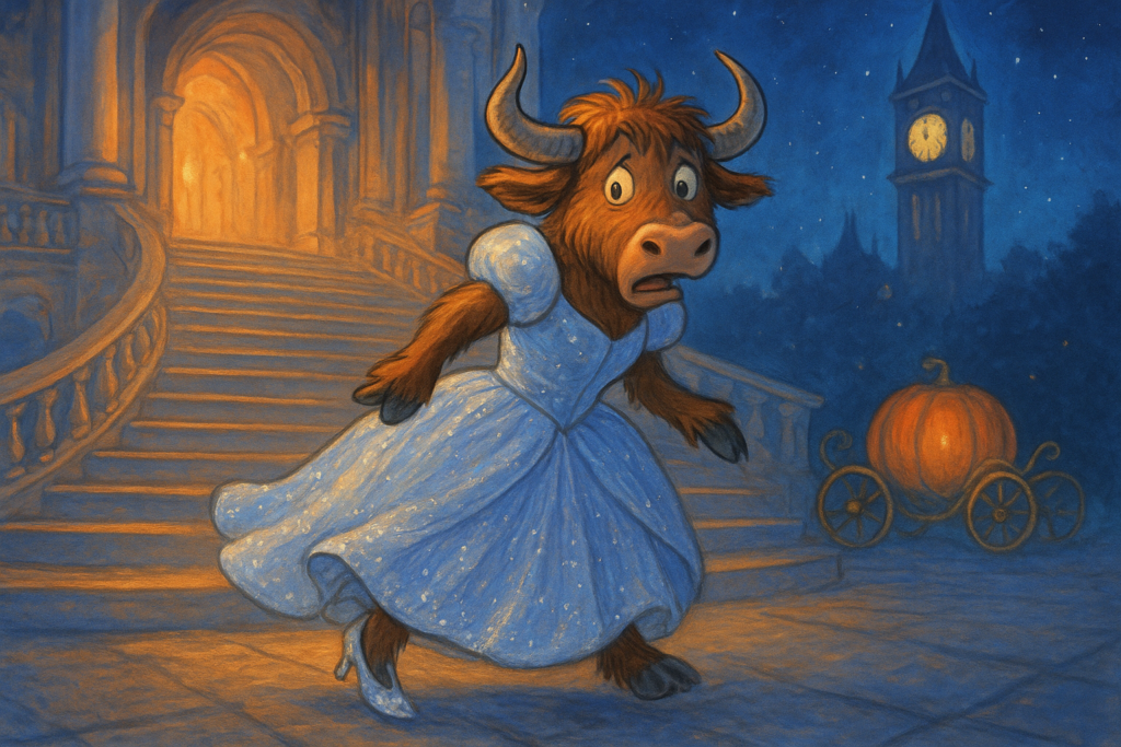 A yak dressed as Cinderella in a ball gown and glass slippers rushes down a palace staircase, losing one slipper as a clock tower shows midnight.