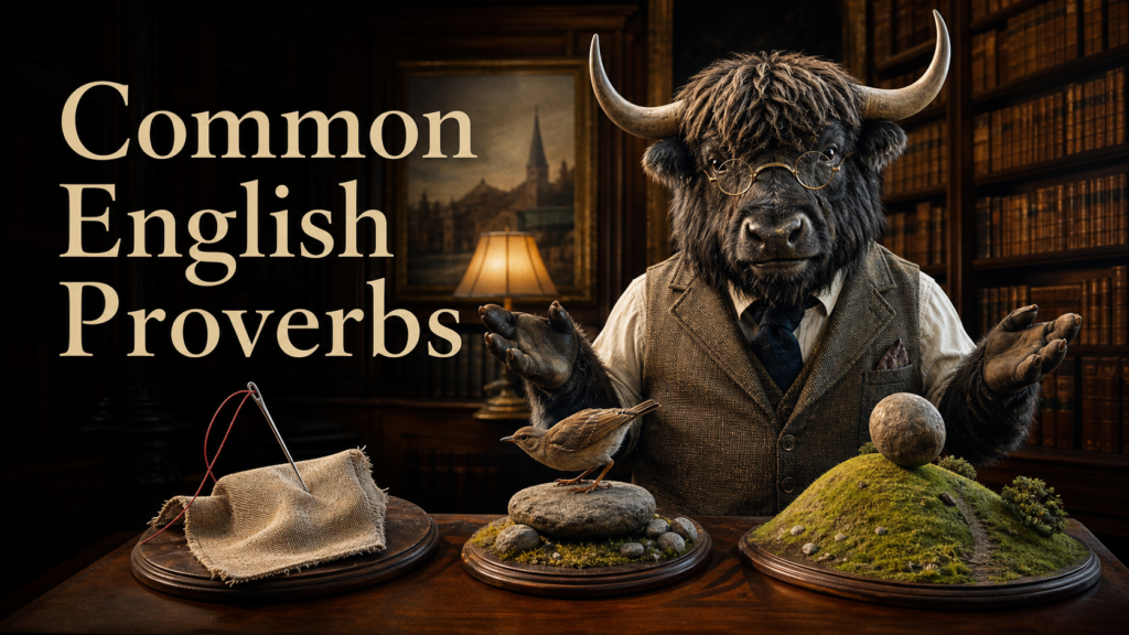 Adult Yak Yacker presenting visual English proverb metaphors in a classic library.