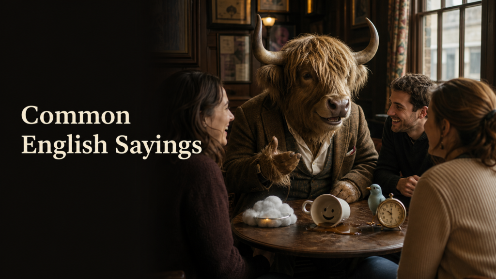 Adult Yak Yacker sharing common English sayings with friends in a London pub.